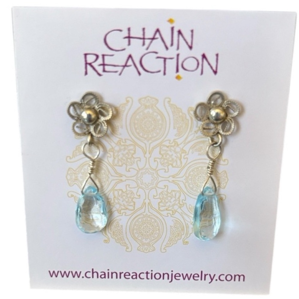 Faceted Blue Topaz Teardrop Flower Post‎ Earrings Sterling Silver NWT